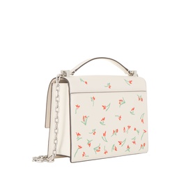 Kate Spade cream multi leather crossbody bag with floral print, silver chain strap and top handle, structured box silhouette