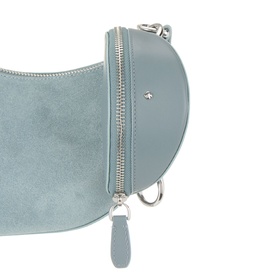 Kate Spade Duo Suede Leather Crossbody Bag in Dark English Sea, close-up of zip compartment with silver-tone hardware and suede finish