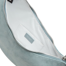 Kate Spade Duo Suede Leather Crossbody Bag in Dark English Sea, open top zip detail showing white interior pocket and brand label