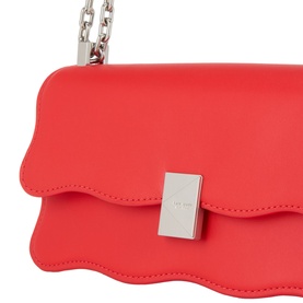 Kate Spade Deco Wavy Mini Crossbody Bag in Heirloom Tomato red leather, scalloped flap with silver-tone magnetic snap closure and chain strap