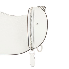 Kate Spade True White leather crossbody bag, close-up of silver zip fastening and adjustable strap with ring detail