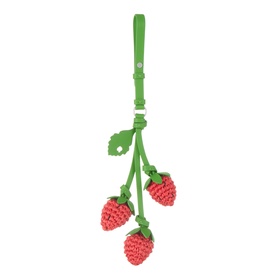 Kate Spade Ruby Red leather strawberry charm keyring with three crochet strawberries and green wrist strap