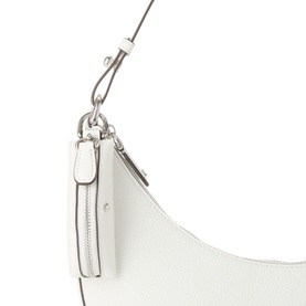 Kate Spade true white leather shoulder bag with silver hardware, detachable mini zip pouch, and adjustable crossbody strap