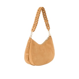 Kate Spade Garden Soil suede shoulder bag with braided top handle and gold-tone hardware, crescent silhouette with zip pocket detail