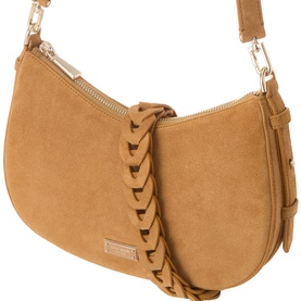 Kate Spade Garden Soil suede shoulder bag with braided side detail, zip top, and gold-tone hardware with adjustable crossbody strap
