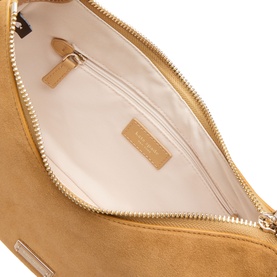 Kate Spade Garden Soil suede shoulder bag, interior view showing cream lining, zip pocket, and gold-tone zip fastening