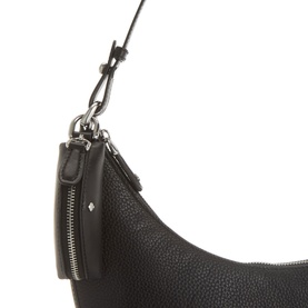 Kate Spade Duo Mini Shoulder Bag in black pebbled leather, close-up showing silver-tone hardware, zip detail and detachable shoulder strap