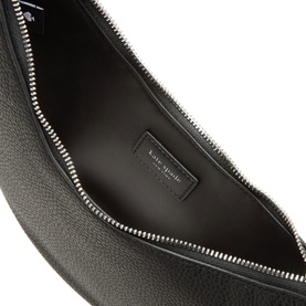 Kate Spade Duo Mini Shoulder Bag in black pebbled leather, open interior view showing silver-tone zip and branded lining