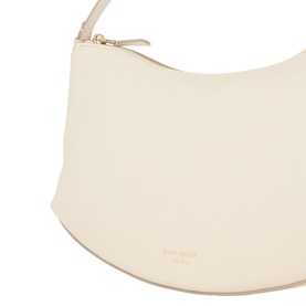 Kate Spade Loop Pebbled Leather Shoulder Bag in Cashew Milk, crescent silhouette with gold-tone zip hardware and embossed logo lettering