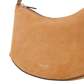 Kate Spade Loop Suede Leather Shoulder Bag in Garden Soil tan suede, crescent silhouette with top zip fastening and silver-tone hardware