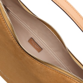 Kate Spade Loop Suede Leather Shoulder Bag in Garden Soil, open top view showing beige interior lining, gold-tone zip and branded label