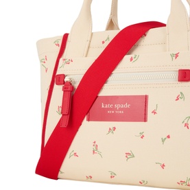 Kate Spade Dash Floral Canvas Tote Bag in Cream Multi, cherry floral print, red zip detail and detachable red crossbody strap