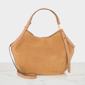 Kate Spade Deco Tulip Small Suede Tote Bag in Garden Soil, tulip silhouette, gold Art Deco K hardware, detachable crossbody strap