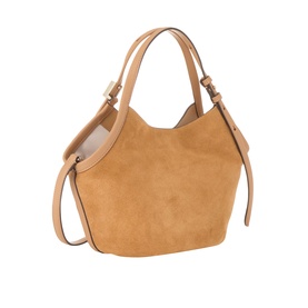 Kate Spade Deco Tulip Small Suede Tote Bag in Garden Soil, tulip silhouette with dual top handles and detachable crossbody strap, gold hardware