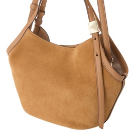 Kate Spade Deco Tulip Small Suede Tote Bag in Garden Soil, tulip silhouette with dual top handles and gold Art Deco K hardware