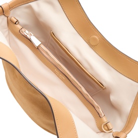 Kate Spade Deco Tulip Small Suede Tote Bag in Garden Soil, interior view showing cream lining, zip pocket, and gold-tone zip detail.