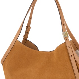 Kate Spade Deco Tulip Suede Tote Bag in Garden Soil, showing adjustable handles and Art Deco gold-tone K hardware clasp detail