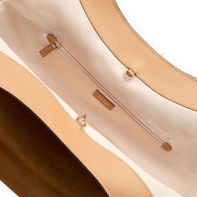 Kate Spade Deco Tulip Suede Tote Bag in Garden Soil, interior view showing zip pocket, gold-tone hardware and branded tab