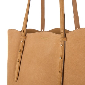 Kate Spade Do It All Wavy Tote Bag in Garden Soil suede, showing scalloped trim detail, adjustable handles and gold-tone hardware studs