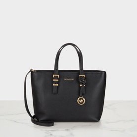 MMK black leather crossbody bag with gold-tone hardware, dual top handles, adjustable shoulder strap and MK logo charm