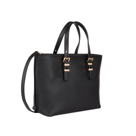 MMK black leather crossbody bag with dual top handles, gold-tone buckle hardware, and detachable shoulder strap