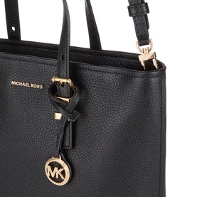 MMK black leather crossbody bag with gold-tone hardware, MK logo charm, dual top handles and adjustable detachable strap