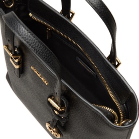 MMK black leather crossbody bag, open top view showing interior zip pocket and gold-tone hardware fittings