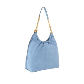 MMK Cinch Large Messenger Bag in blue suede leather with gold-tone chain shoulder strap and magnetic button fastening