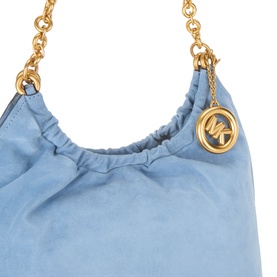 MMK Cinch Large Messenger Bag in blue suede leather with gold-tone chain strap and branded MK logo charm detail