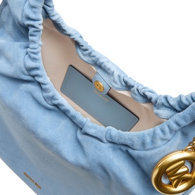 MMK Cinch Large Messenger Bag in blue suede, open view showing interior, with gold-tone MK logo hardware detail