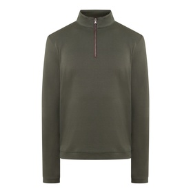 Peter Millar Dark Olive half-zip pullover with funnel neck and contrast red zip detail, relaxed fit in a smooth knit fabric