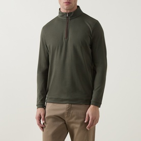 Model wearing Peter Millar Dark Olive half-zip pullover with funnel neck, styled with khaki trousers.