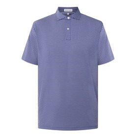 Peter Millar Bali Blue striped polo shirt with short sleeves, button placket, and ribbed collar, displayed flat on white background.