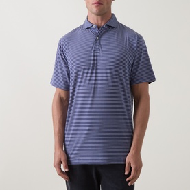 Model wearing Peter Millar polo shirt in Bali Blue with fine horizontal stripes, short sleeves, and three-button placket.