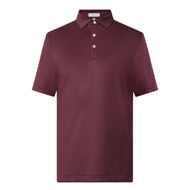 Peter Millar polo shirt in Bordeaux, short sleeves, three-button placket, smooth stretch fabric, ghost mannequin shot