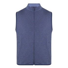 Peter Millar navy zip-through sleeveless sweat vest with mock neck collar and ribbed hem, 88% polyester blend