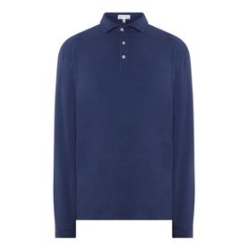 Peter Millar navy long-sleeve polo shirt in cotton-spandex blend, featuring three-button placket and ribbed collar, flat lay view