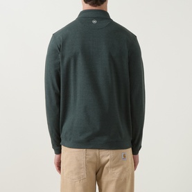 Model wearing Peter Millar Pine Brook sweatshirt, rear view, quarter-zip collar, long sleeves, styled with beige chinos.