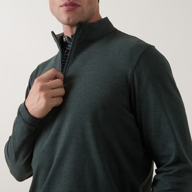 Model wearing Peter Millar Pine Brook quarter-zip sweatshirt, close-up showing zip detail and checked collar underneath.