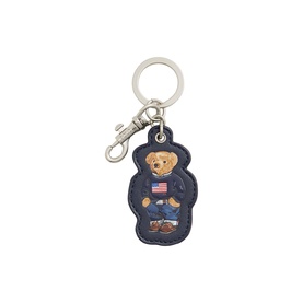Ralph Lauren Polo Bear Logo Leather Key Fob in navy, with embroidered bear motif, silver-tone metal ring and dog clip fastening