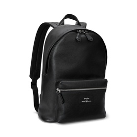 Ralph Lauren black leather backpack with front zip pocket, top carry handle, and silver-tone hardware detailing.