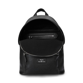Ralph Lauren black pebbled leather backpack, open view showing interior compartment, front zip pocket and silver-tone hardware