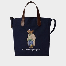Ralph Lauren Polo Bear Newport Navy canvas tote bag with brown leather handles and Polo Bear graphic print to front