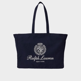 Ralph Lauren Newport Navy canvas tote bag with white embroidered crest logo and script branding, double top handles