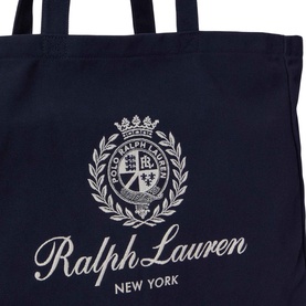 Ralph Lauren Newport Navy canvas tote bag with embroidered crest logo and Ralph Lauren New York script in silver-white