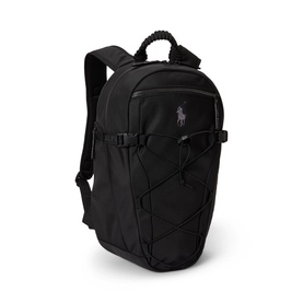 Ralph Lauren black backpack with rope top handle, padded straps, clip fastenings, and embroidered Polo Pony logo