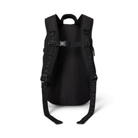 Ralph Lauren black backpack, rear view showing padded shoulder straps, top carry handle, and chest buckle strap closure