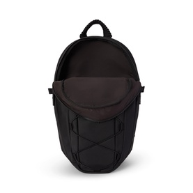 Ralph Lauren black backpack, open top view showing spacious interior compartment and bungee cord detailing on front