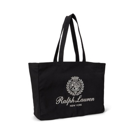 Ralph Lauren black canvas tote bag with silver embroidered crest and script logo, twin handles