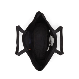 Ralph Lauren black tote bag, open top view showing navy interior lining and twin handles